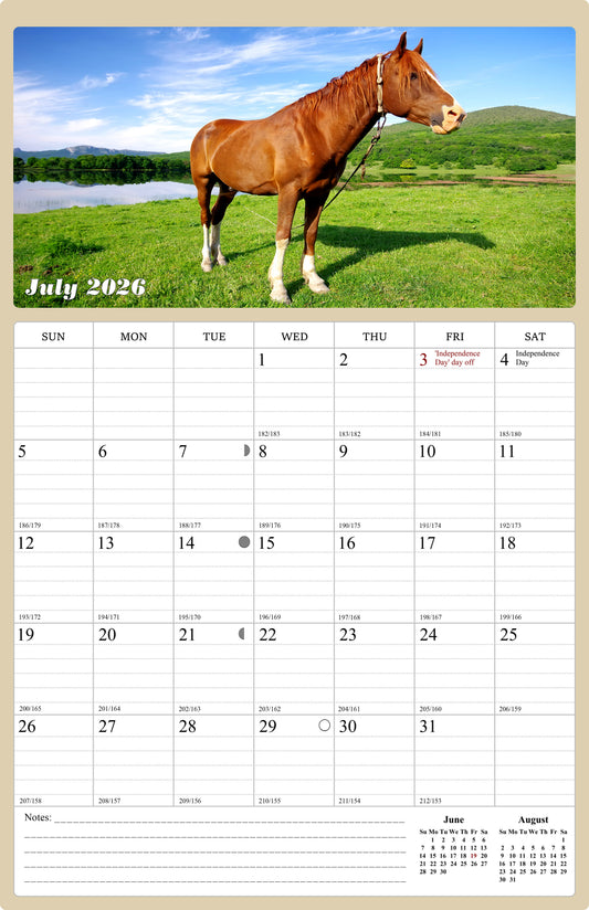 2026 - 2027 Wall Calendar Spiral-bound Twin-Wire Binding - 18 Months Planner - Large Ruled Blocks with Julian Dates - (Horses)