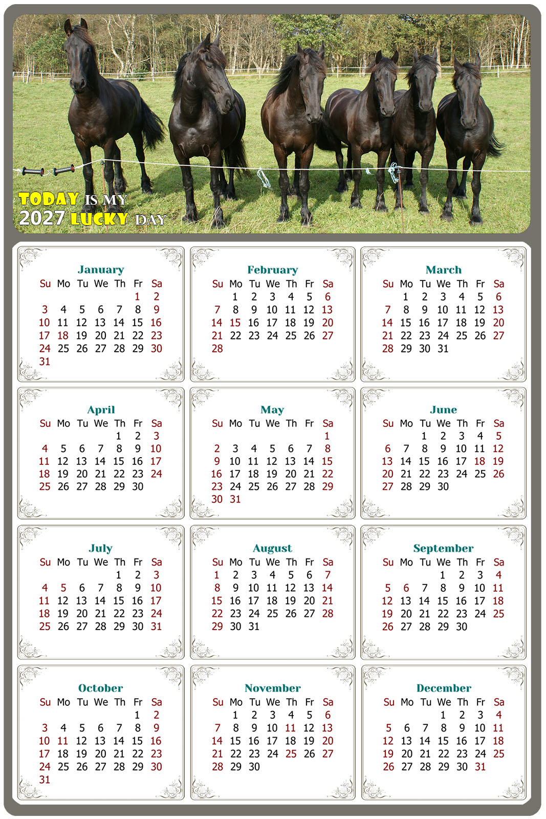 2027 Peel & Stick Calendar - Today is my Lucky Day Removable - Horses 06 (12"x 8")