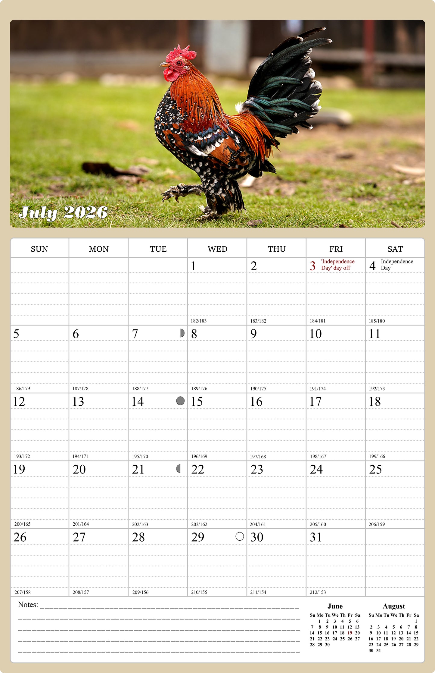 2026 - 2027 Wall Calendar Spiral-bound Twin-Wire Binding - 18 Months Planner - Large Ruled Blocks with Julian Dates - (Roosters)