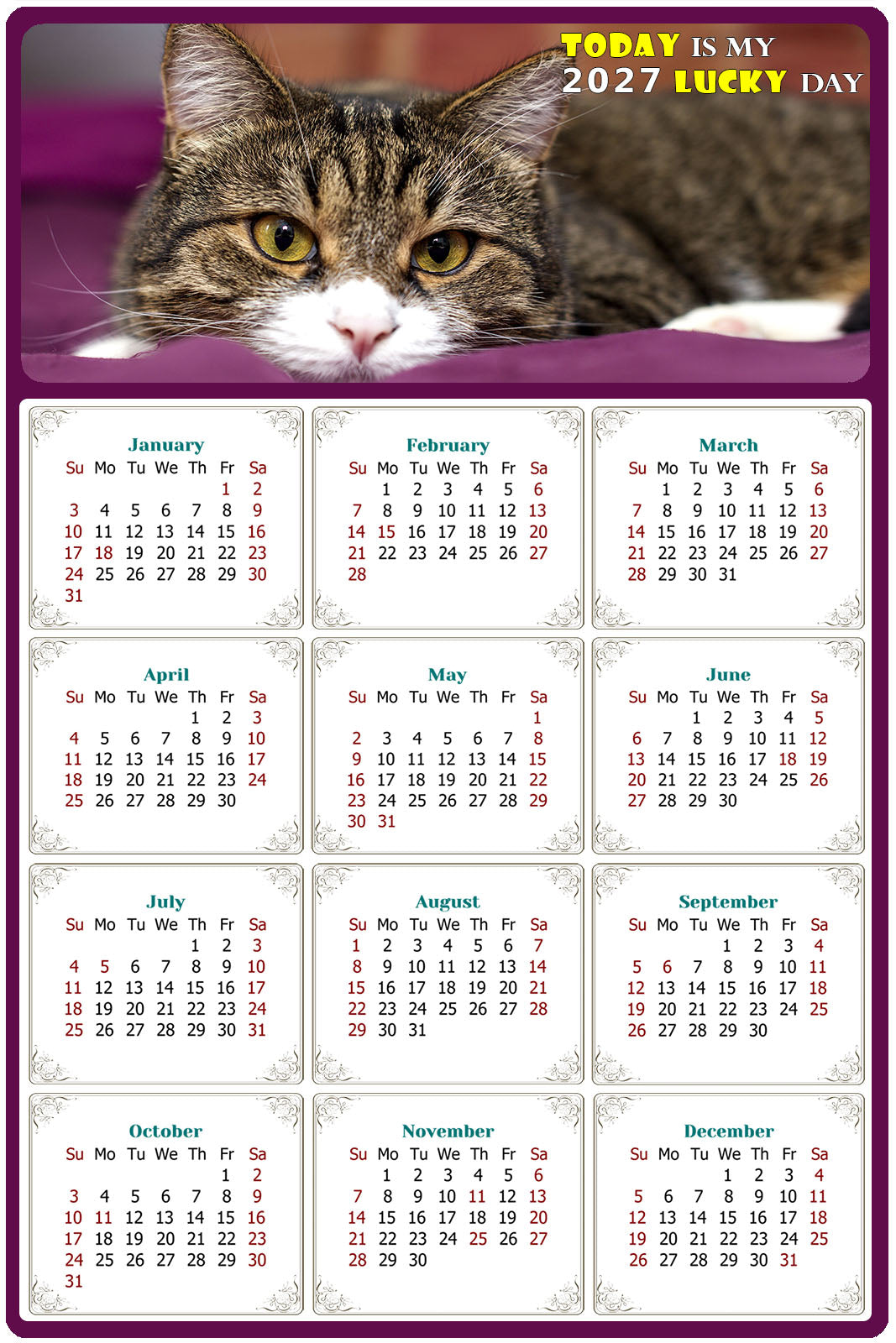 2027 Peel & Stick Calendar - Today is my Lucky Day Removable - Cat 022 (12"x 8")