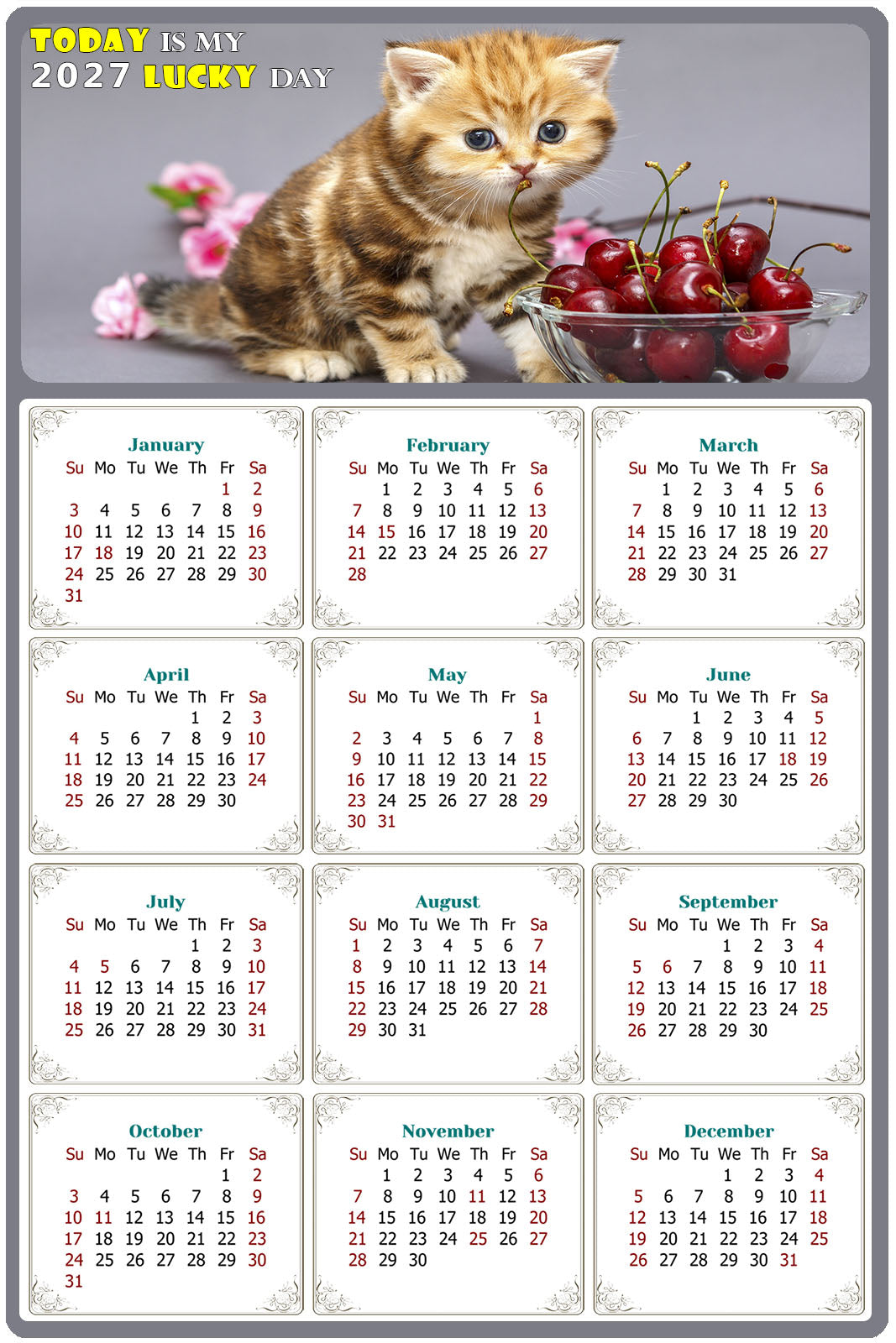 2027 Peel & Stick Calendar - Today is my Lucky Day Removable - Cat 016 (12"x 8")