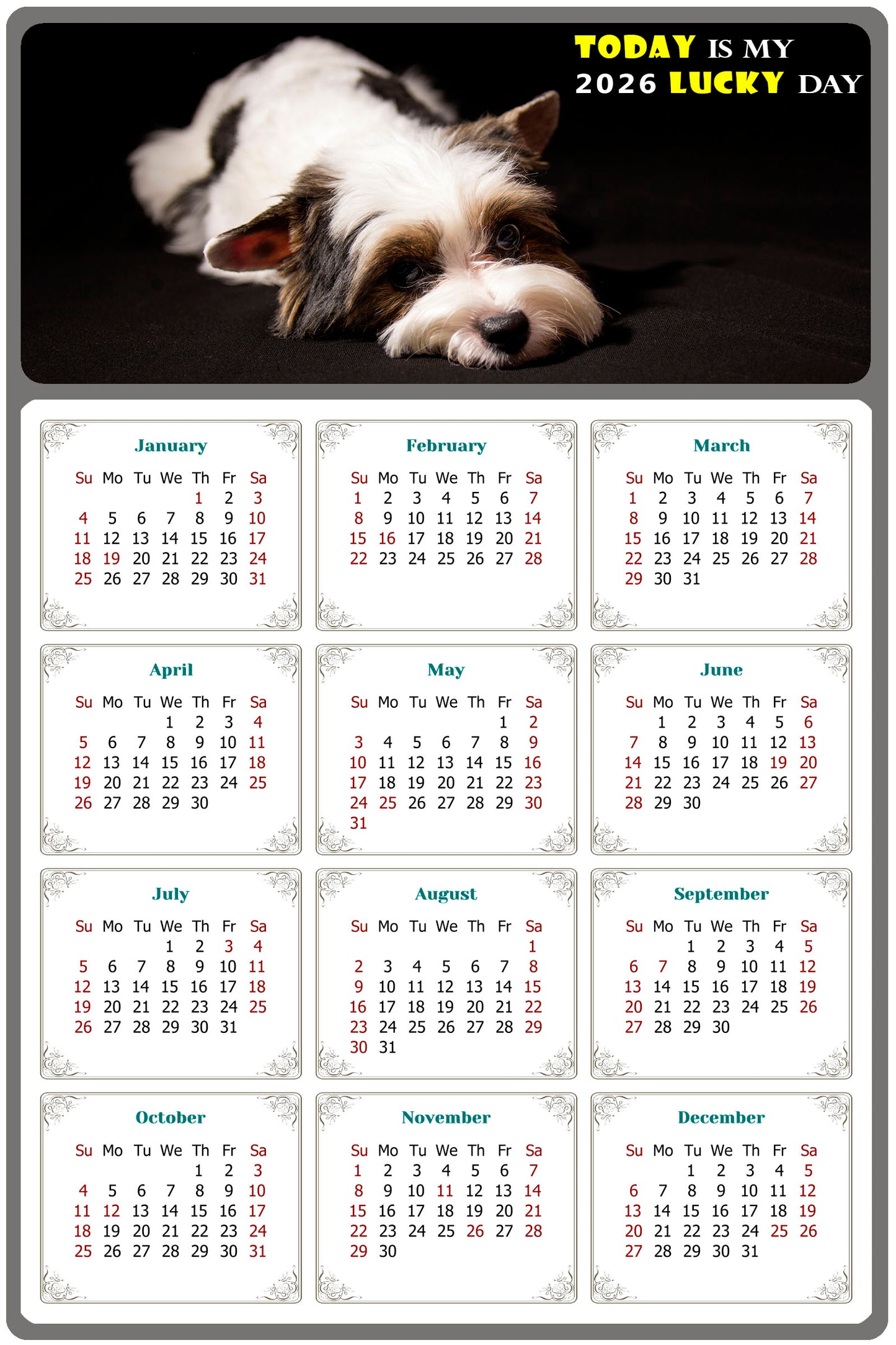 2026 Magnetic Calendar - Today is My Lucky Day (Fade, Tear, and Water Resistant)- Dogs Themed 018