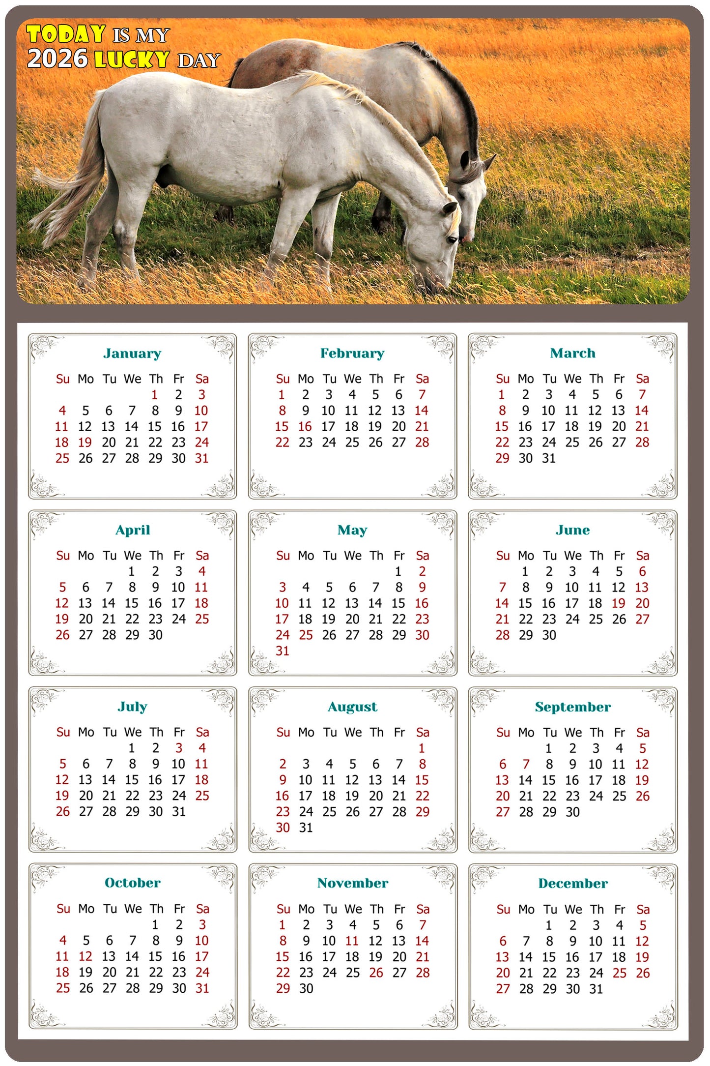 2026 Magnetic Calendar - Calendar Magnets - Today is my Lucky Day - (Fade, Tear, and Water Resistant) - Horses Themed 013