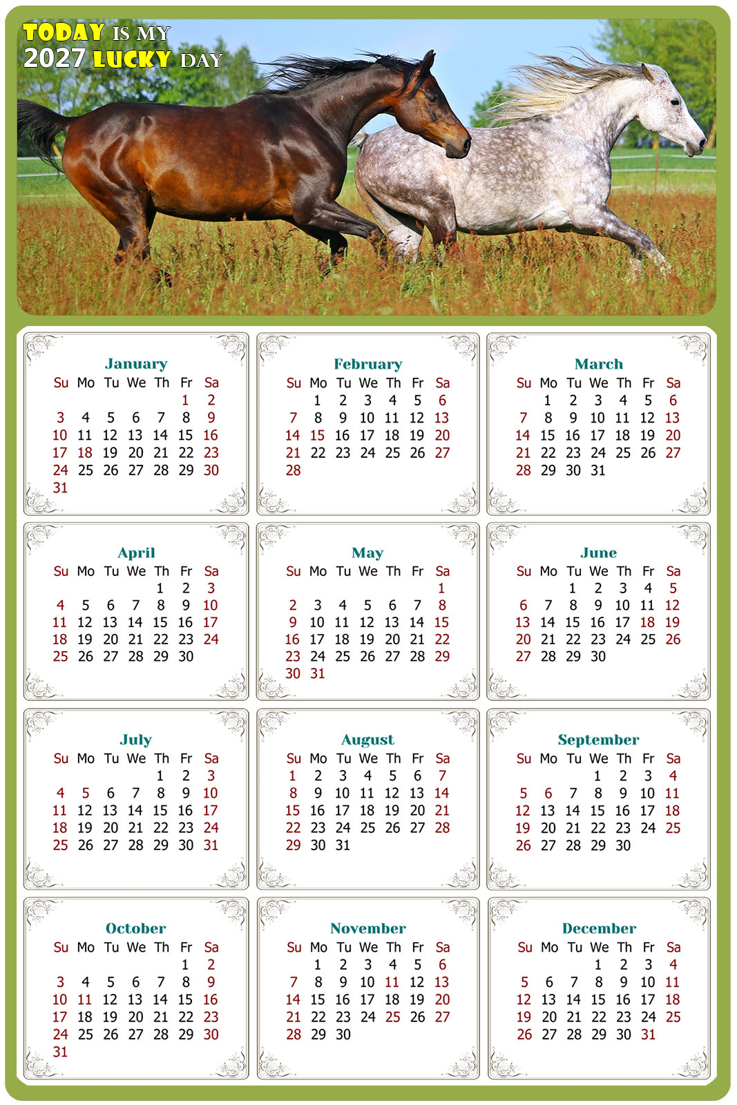 2027 Peel & Stick Calendar - Today is my Lucky Day Removable - Horses 03 (12"x 8")