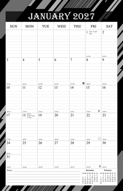 2027 Wall Calendar Spiral-Bound Twin-Wire Binding - 12 Months  08 B&W