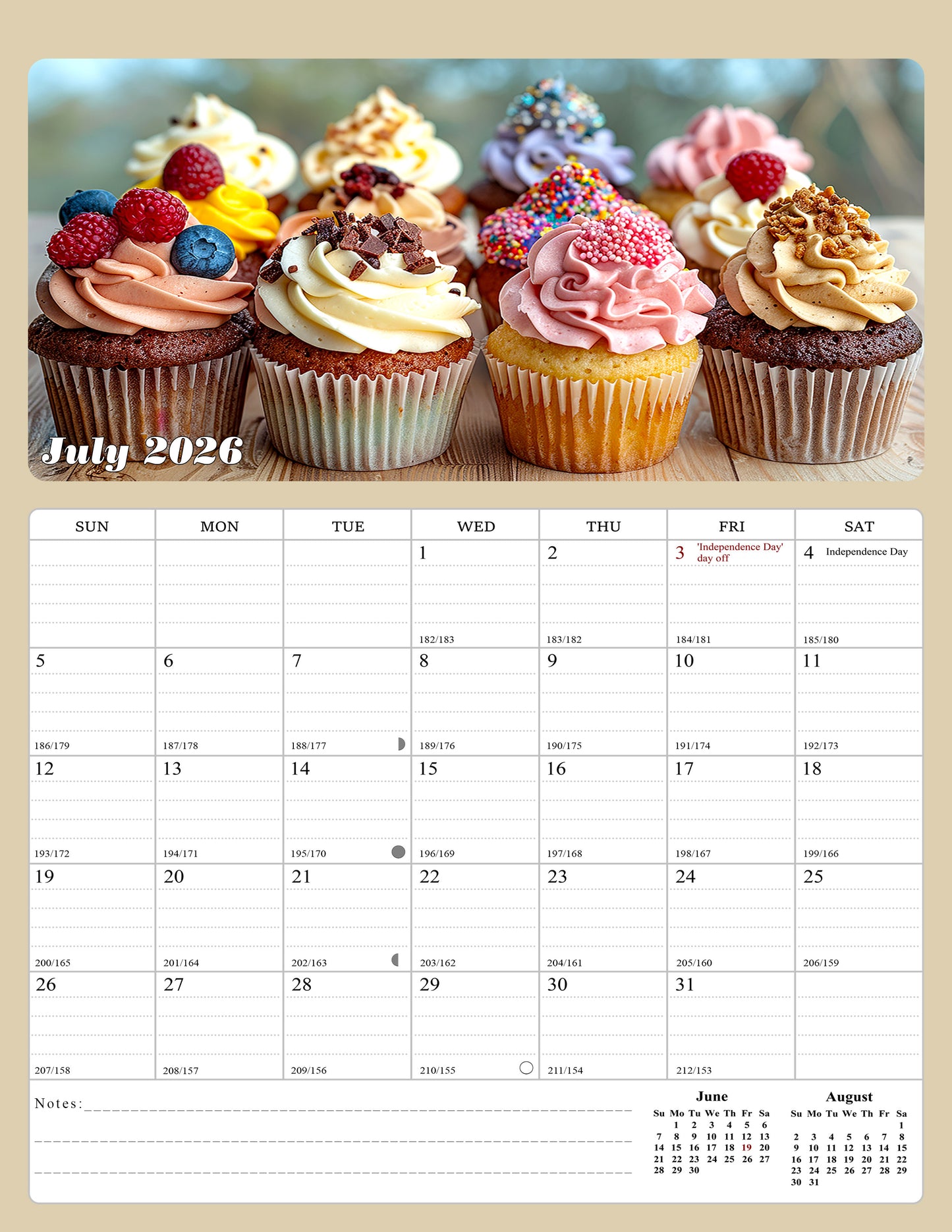 2026 - 2027 Calendar Magnetic Peel & Stick 18 Months 8.5" x 11" Cupcakes
