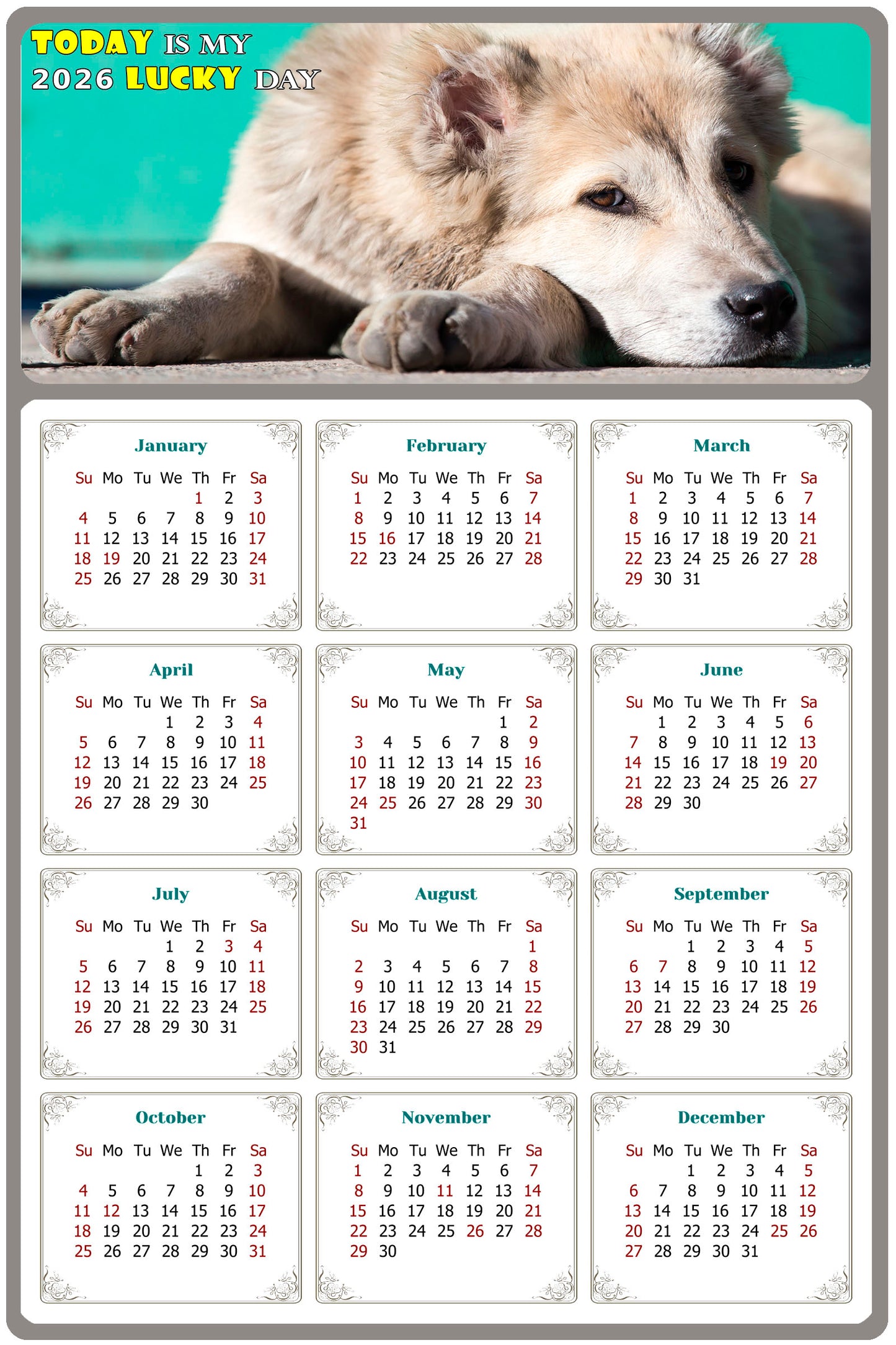 2026 Magnetic Calendar - Today is My Lucky Day (Fade, Tear, and Water Resistant)- Dogs Themed 015