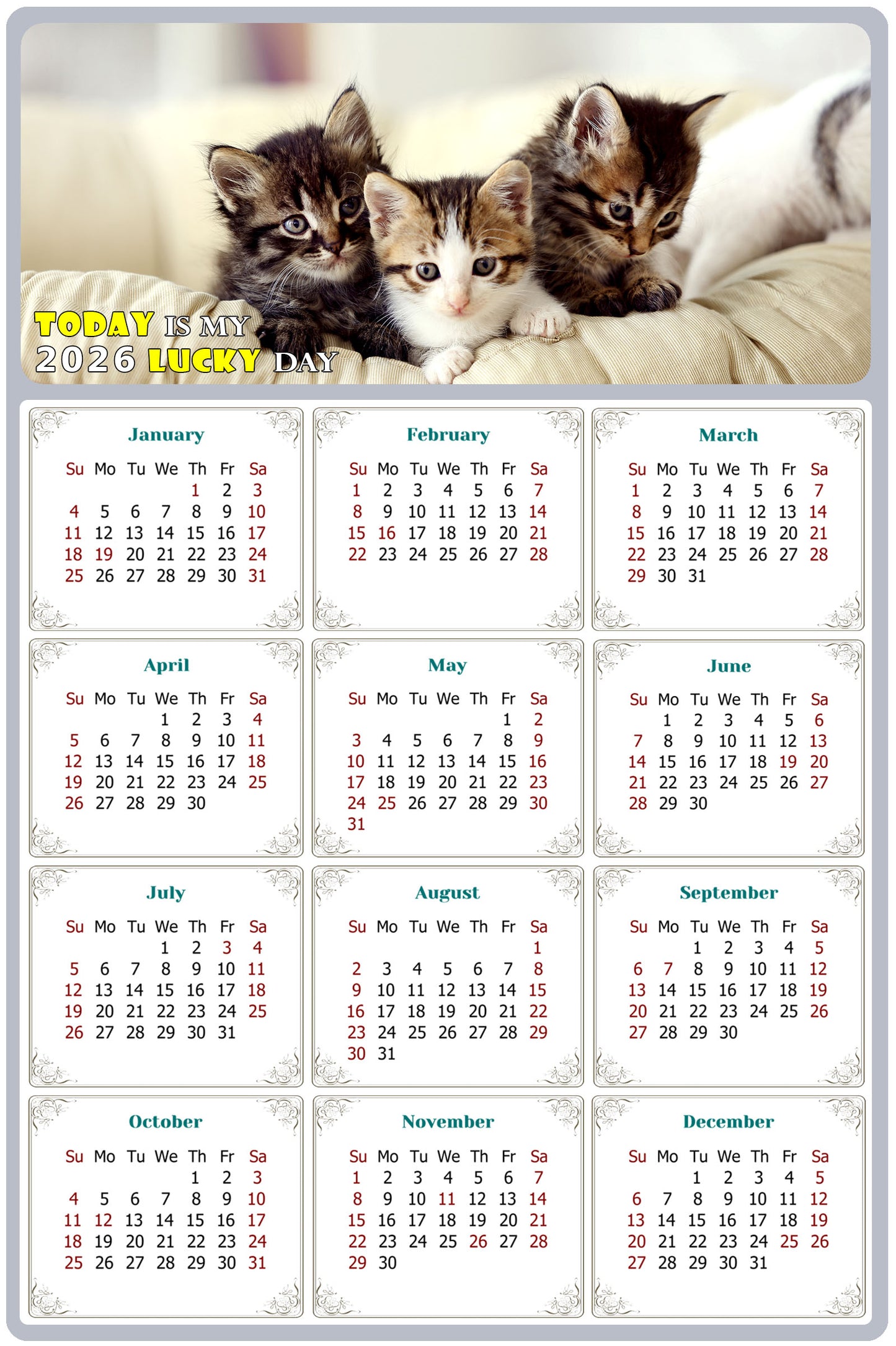 2026 Peel & Stick Calendar - Today is my Lucky Day Removable - Cat 021 (9"x 6")