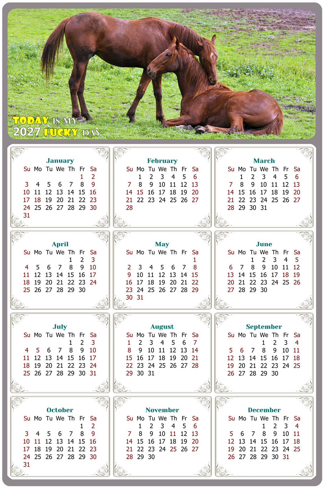 2027 Peel & Stick Calendar - Today is my Lucky Day Removable - Horses 019 (12"x 8")