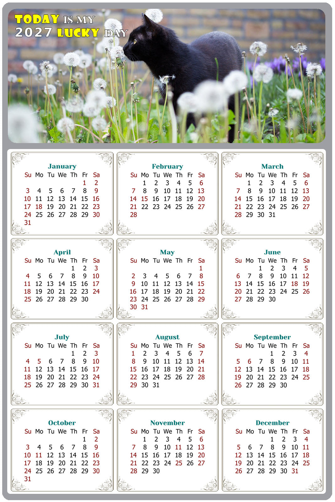 2027 Peel & Stick Calendar - Today is my Lucky Day Removable - Cat 05 (12"x 8")