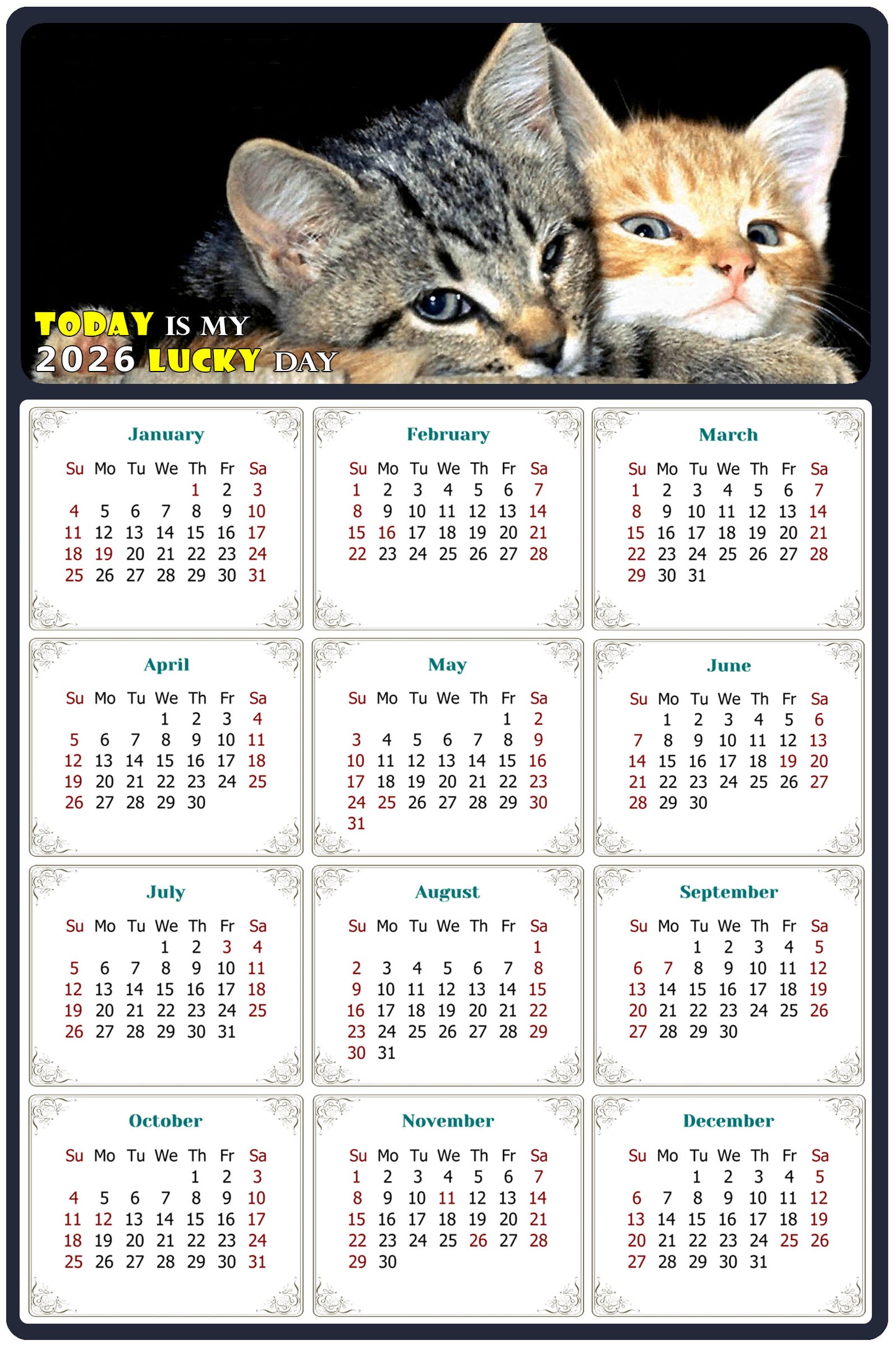 2026 Peel & Stick Calendar - Today is my Lucky Day Removable - Cat 010 (9"x 6")