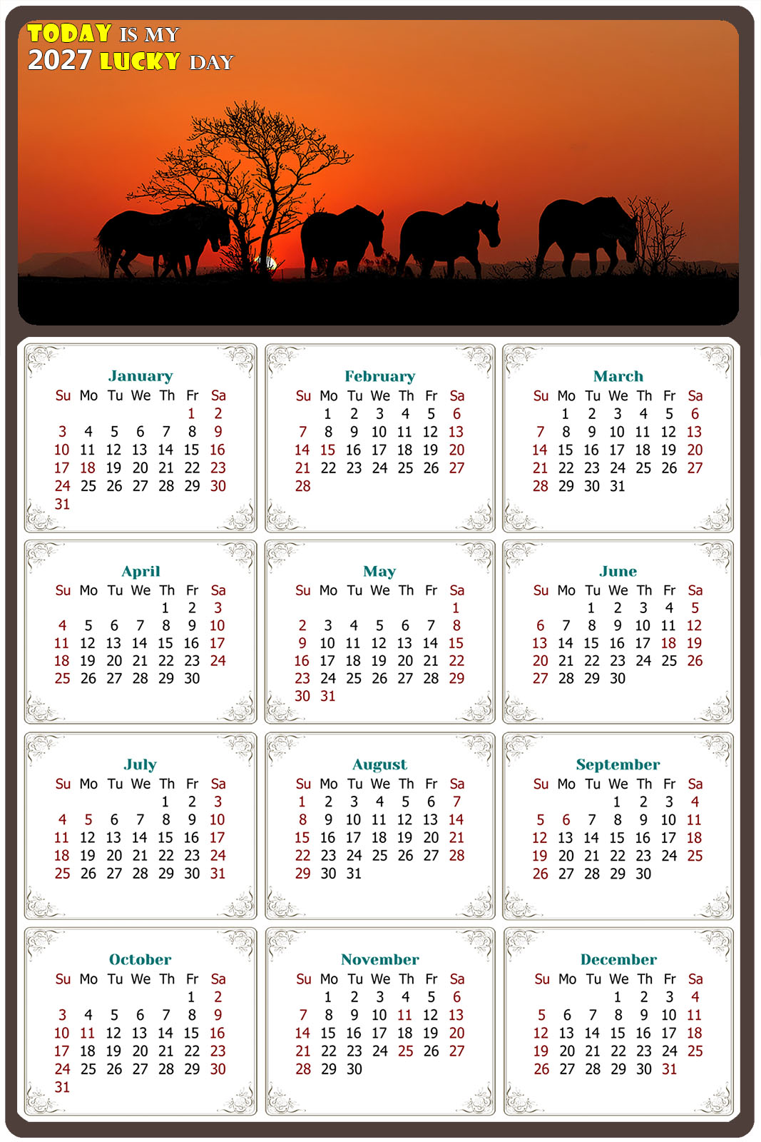 2027 Peel & Stick Calendar - Today is my Lucky Day Removable - Horses 011 (12"x 8")