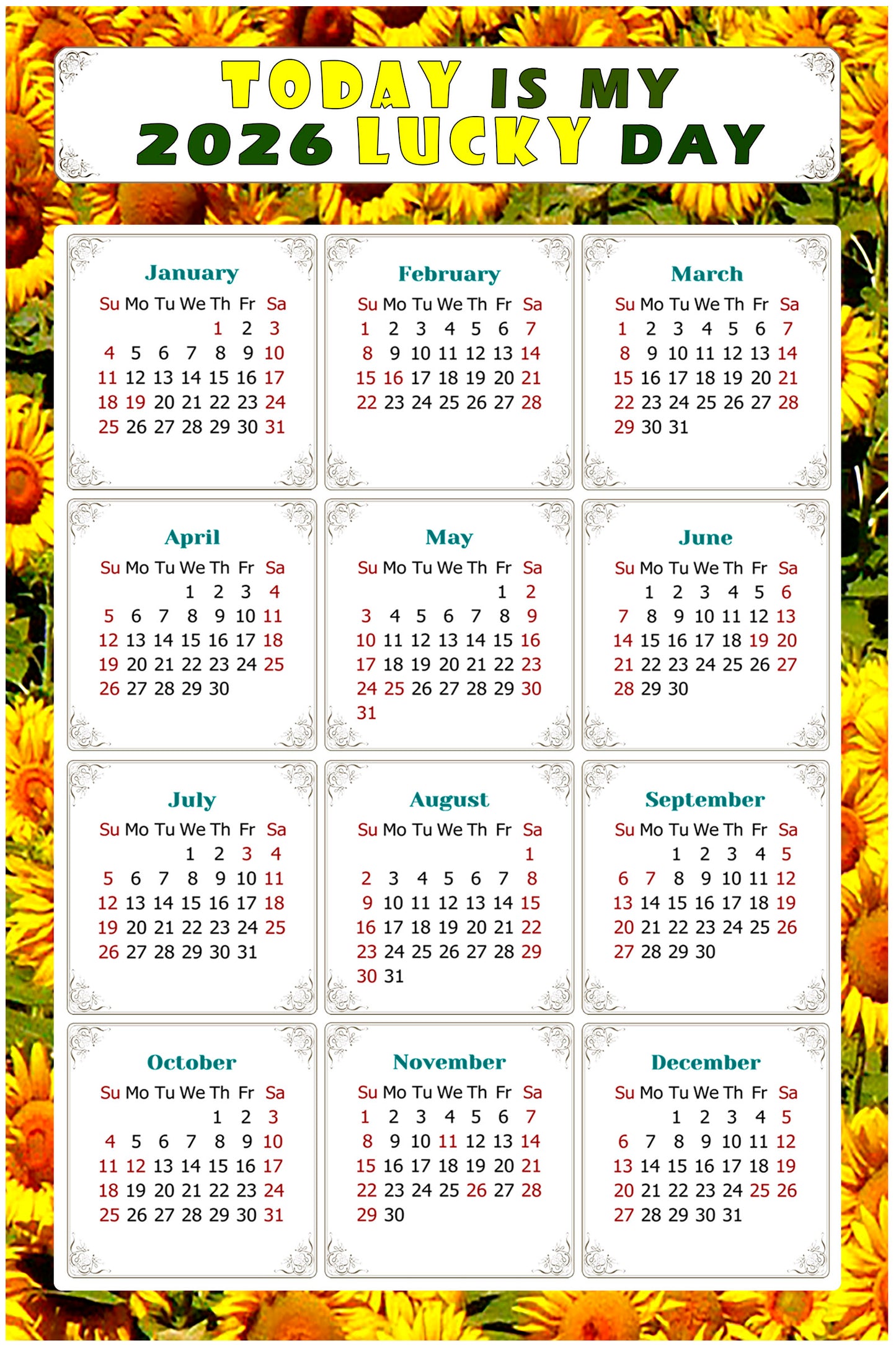 2026 Magnetic Calendar - Calendar Magnets - Today is my Lucky Day - (Fade, Tear, and Water Resistant) - Themed 030