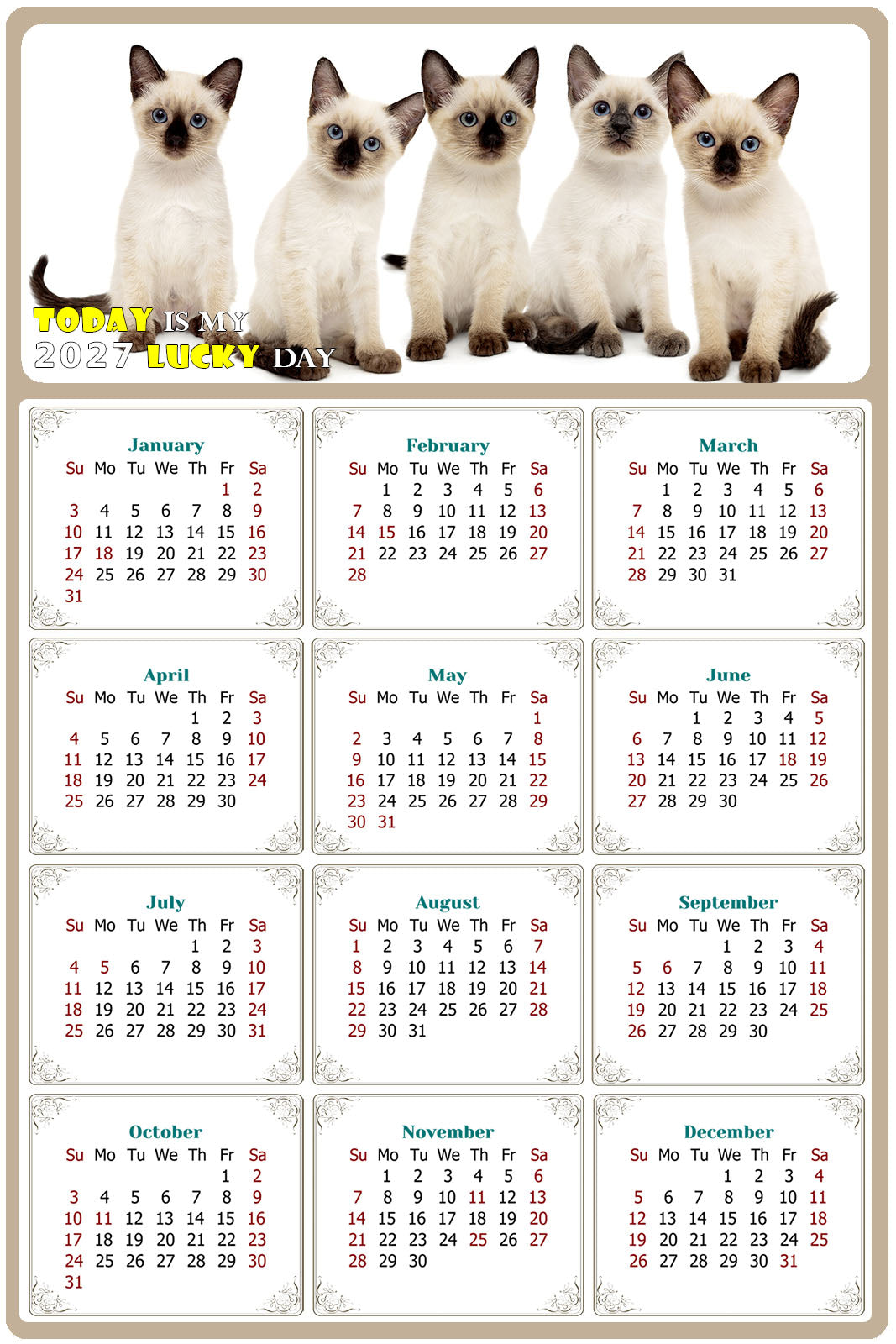 2027 Peel & Stick Calendar - Today is my Lucky Day Removable - Cat 020 (12"x 8")