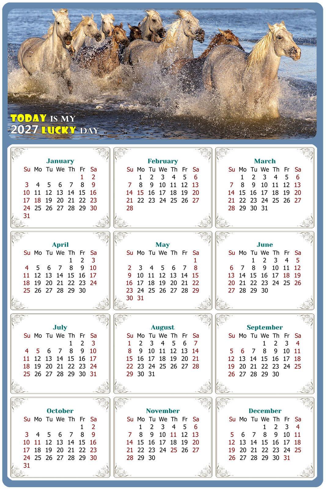 2027 Peel & Stick Calendar - Today is my Lucky Day Removable - Horses 08 (12"x 8")