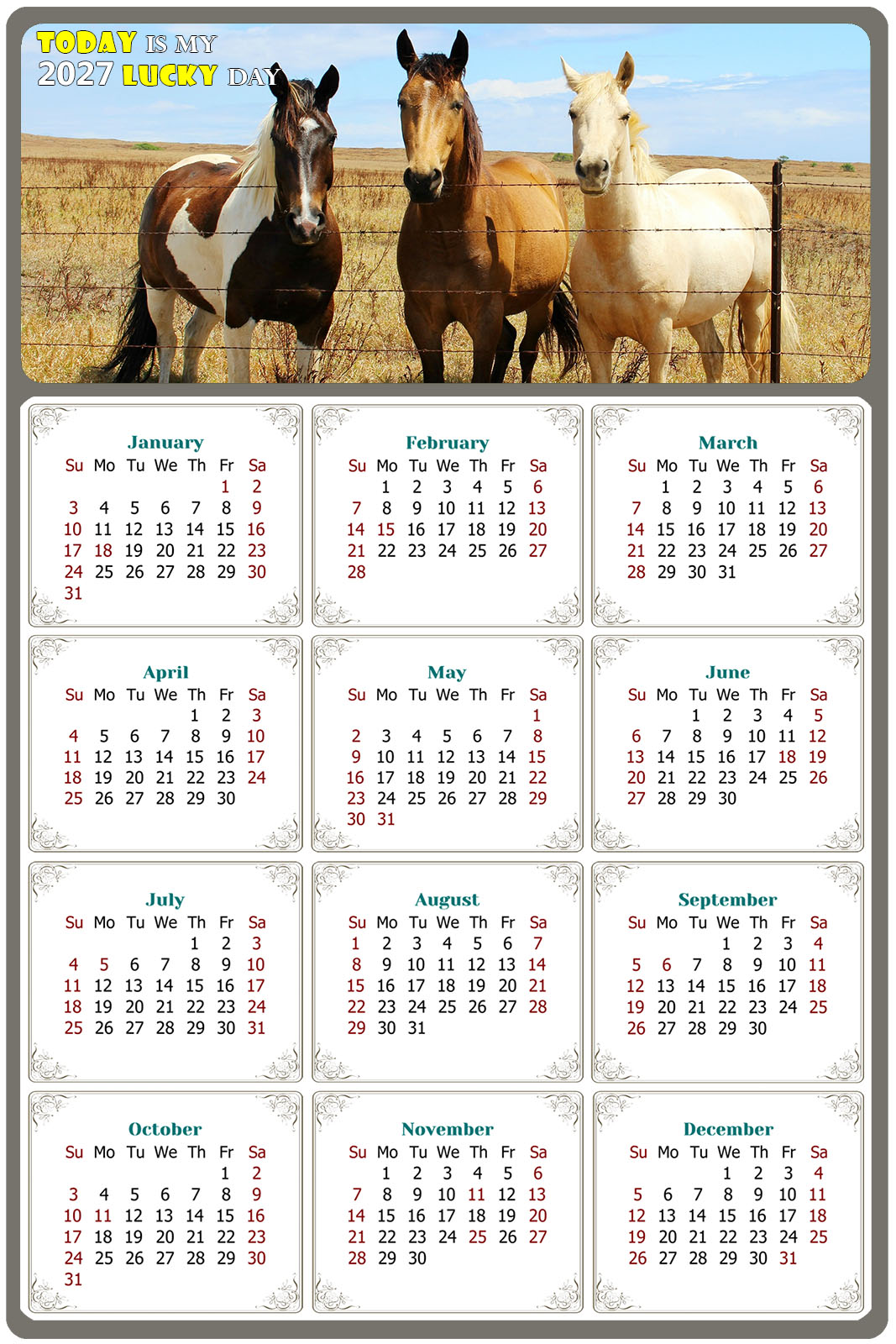 2027 Peel & Stick Calendar - Today is my Lucky Day Removable - Horses 07 (12"x 8")