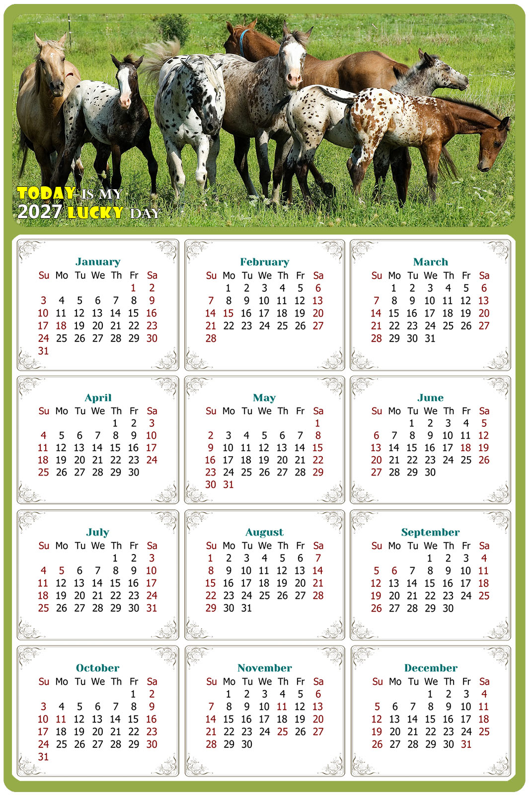 2027 Peel & Stick Calendar - Today is my Lucky Day Removable - Horses 02 (9"x 6")