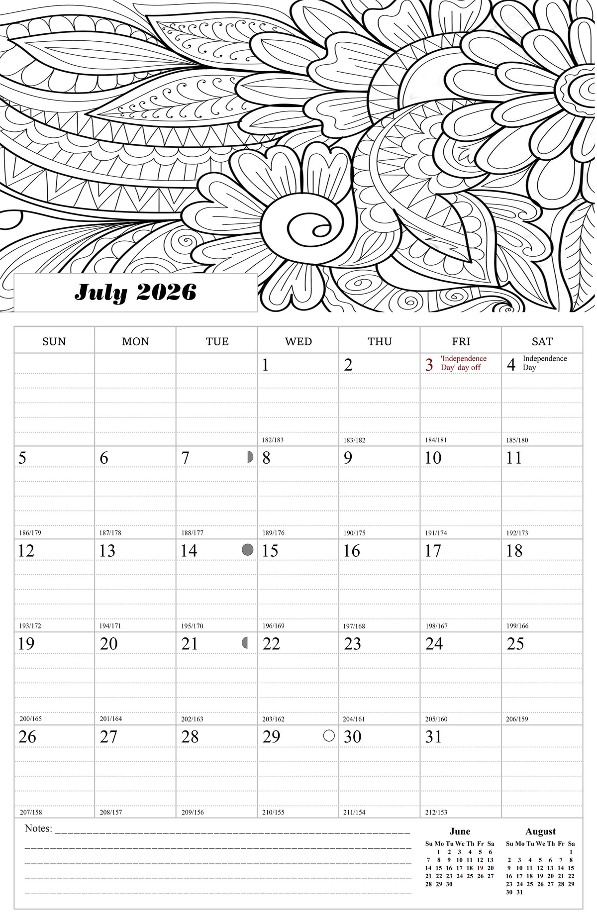 2026 - 2027 Wall Coloring Calendar Spiral-bound Twin-Wire Binding - 18 Months Planner - Large Ruled Blocks with Julian Dates - (Flowers)
