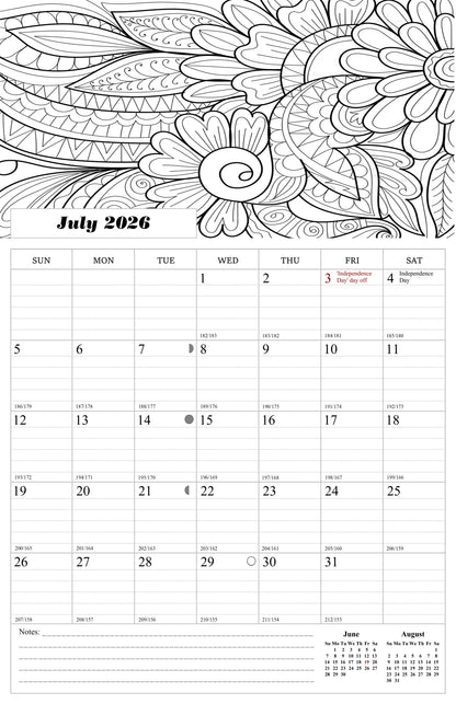 2026 - 2027 Wall Coloring Calendar Spiral-bound Twin-Wire Binding - 18 Months Planner - Large Ruled Blocks with Julian Dates - (Flowers)