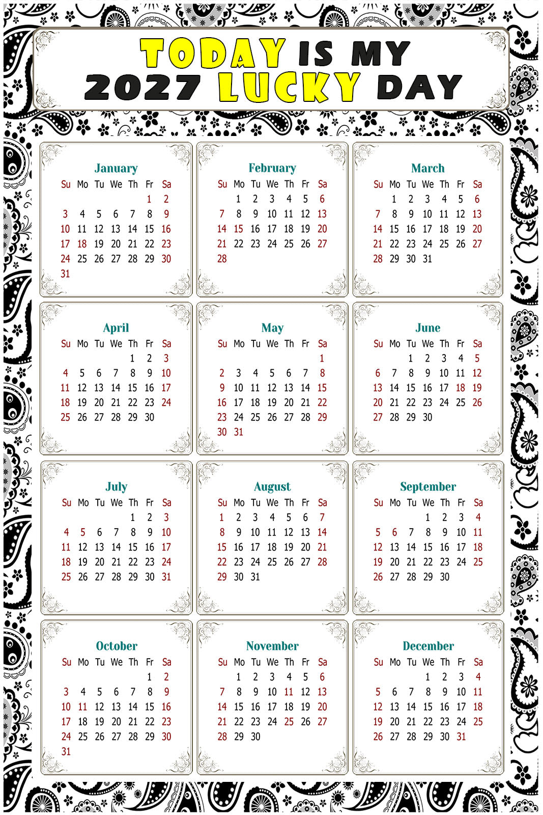 2027 Peel & Stick Calendar - Today is my Lucky Day Removable - 040