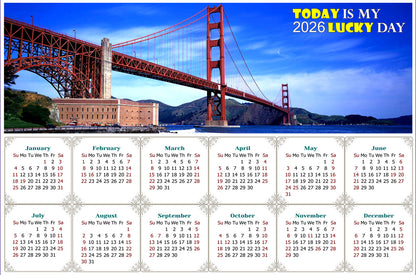 2026 Peel & Stick Calendar - Today is my Lucky Day - Removable - Golden Gate Bridge (9"x 6")