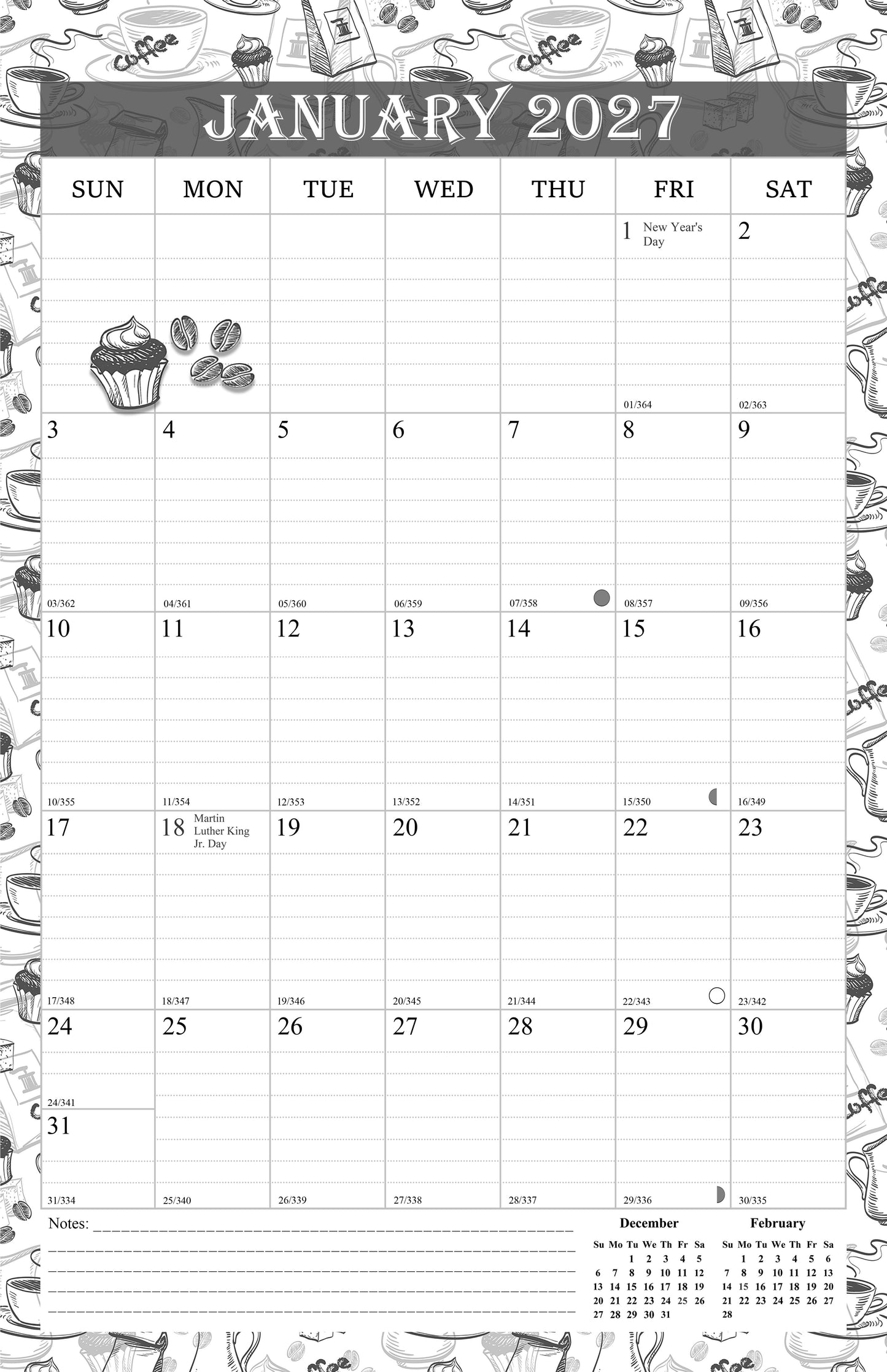 2027 Wall Calendar Spiral-Bound Twin-Wire Binding - 12 Months 010 B&W