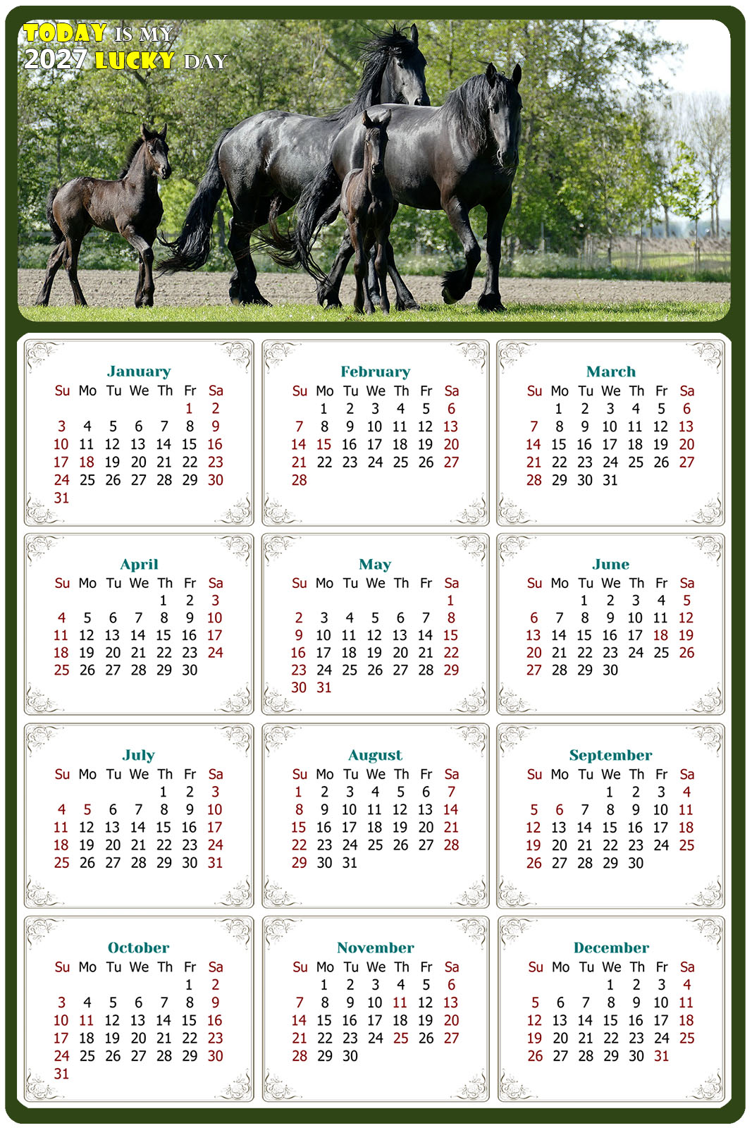 2027 Peel & Stick Calendar - Today is my Lucky Day Removable - Horses 05 (12"x 8")