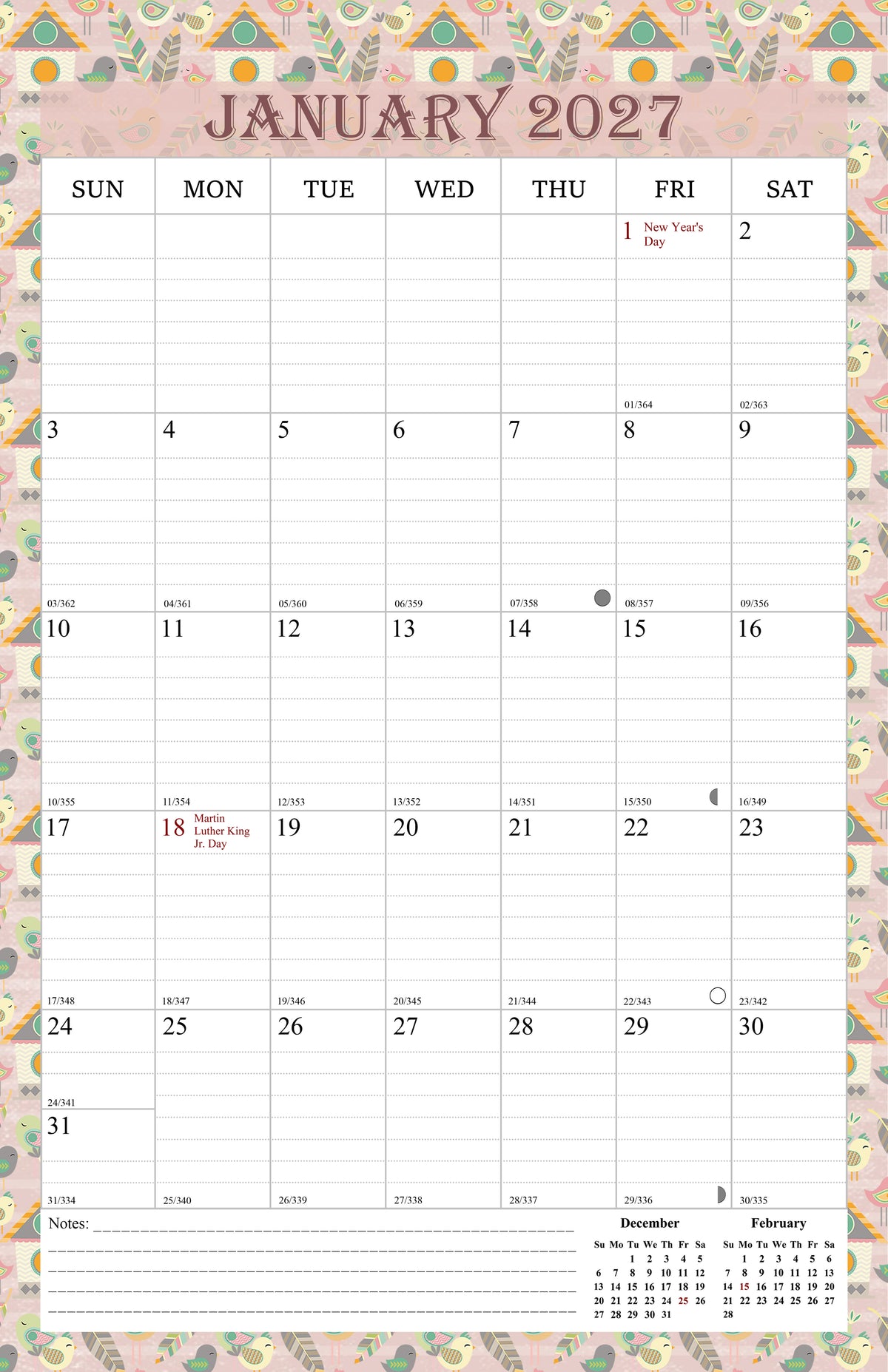 2027 Wall Calendar Spiral-Bound Twin-Wire Binding - 12 Months  16