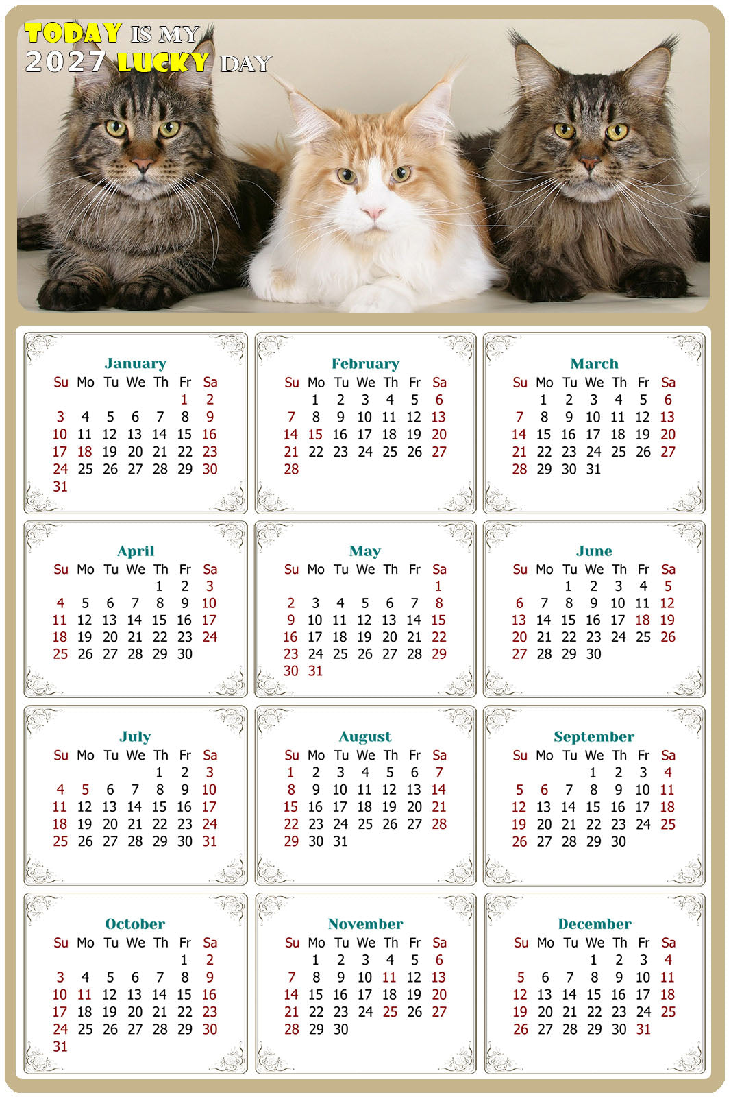 2027 Peel & Stick Calendar - Today is my Lucky Day Removable - Cat 015 (9"x 6")