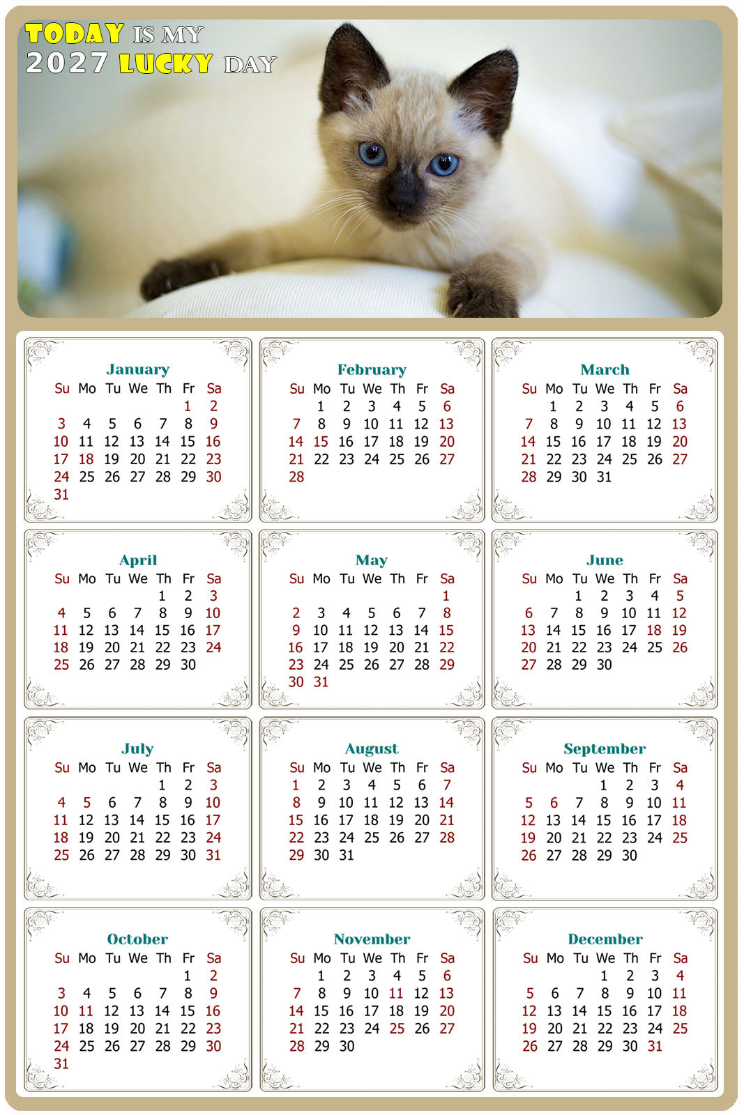 2027 Peel & Stick Calendar - Today is my Lucky Day Removable - Cat 013 (12"x 8")