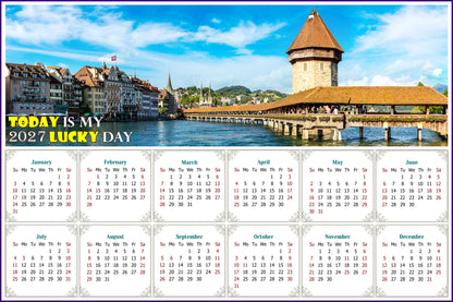2027 Peel & Stick Calendar - Today is my Lucky Day - Removable - Chapel bridge in Lucerne (9"x 6")