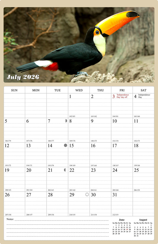 2026 - 2027 Wall Calendar Spiral-bound Twin-Wire Binding - 18 Months Planner - Large Ruled Blocks with Julian Dates - (Birds)