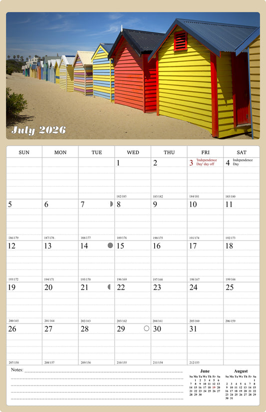 2026 - 2027 Wall Calendar Spiral-bound Twin-Wire Binding - 18 Months Planner - Large Ruled Blocks with Julian Dates - (Beaches)