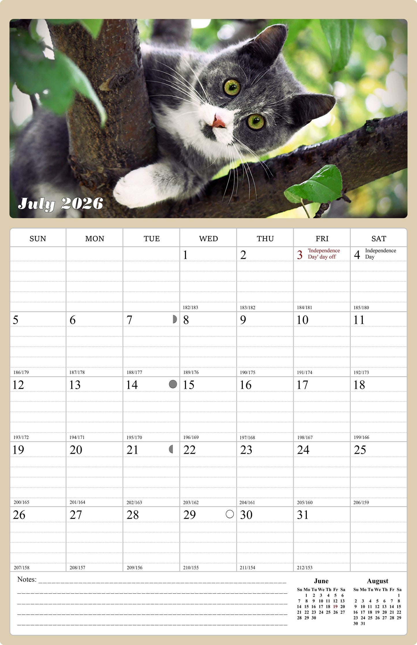 2026 - 2027 Wall Calendar Spiral-bound Twin-Wire Binding - 18 Months Planner - Large Ruled Blocks with Julian Dates - (Cats)