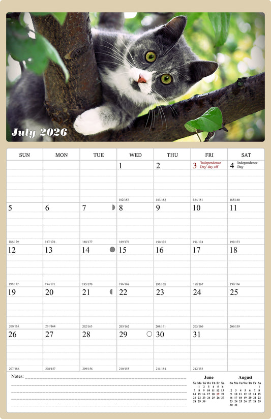 2026 - 2027 Wall Calendar Spiral-bound Twin-Wire Binding - 18 Months Planner - Large Ruled Blocks with Julian Dates - (Cats)