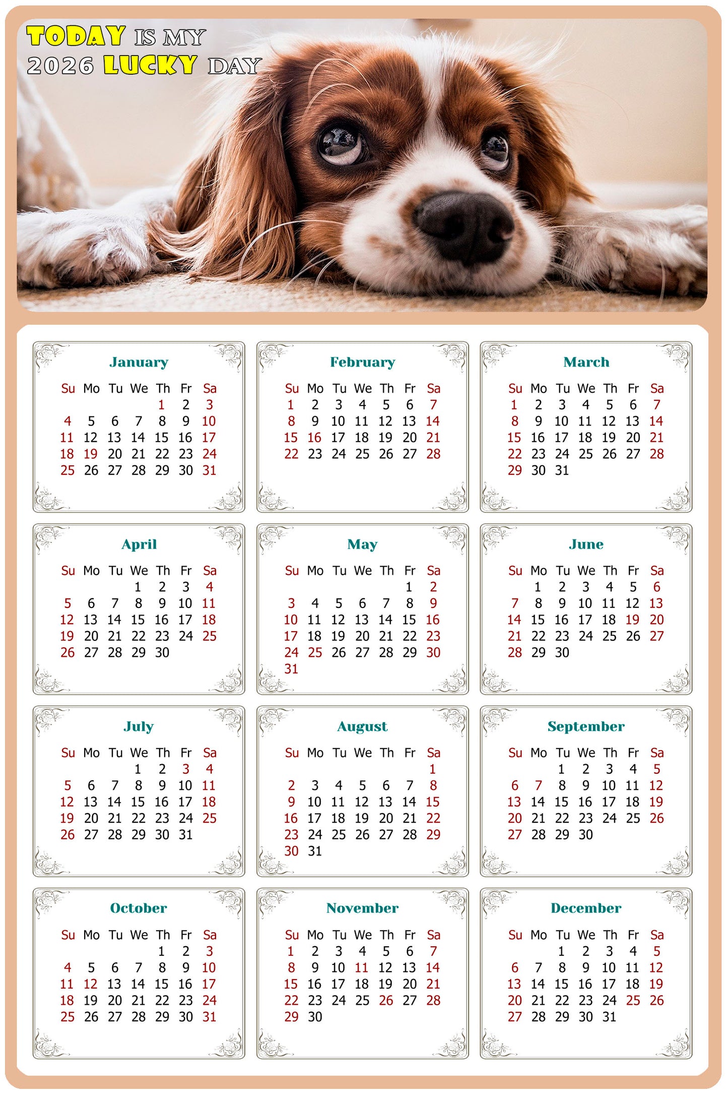 2026 Magnetic Calendar - Today is My Lucky Day (Fade, Tear, and Water Resistant)- Dogs Themed 01