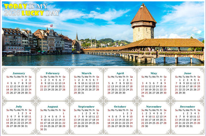 2026 Peel & Stick Calendar - Today is my Lucky Day - Removable - Chapel bridge in Lucerne (9"x 6")