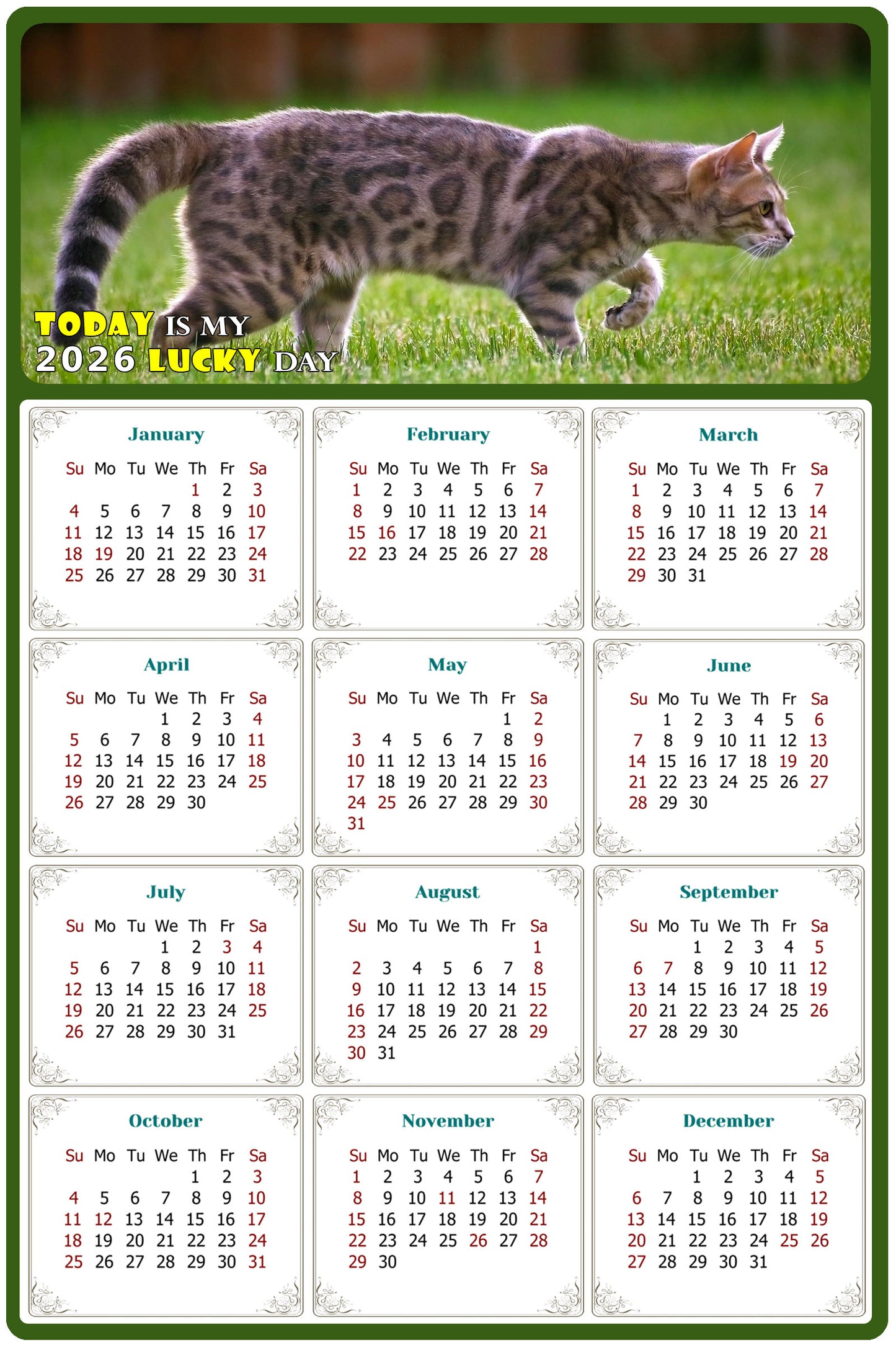 2026 Peel & Stick Calendar - Today is my Lucky Day Removable - Cat 09 (12"x 8")
