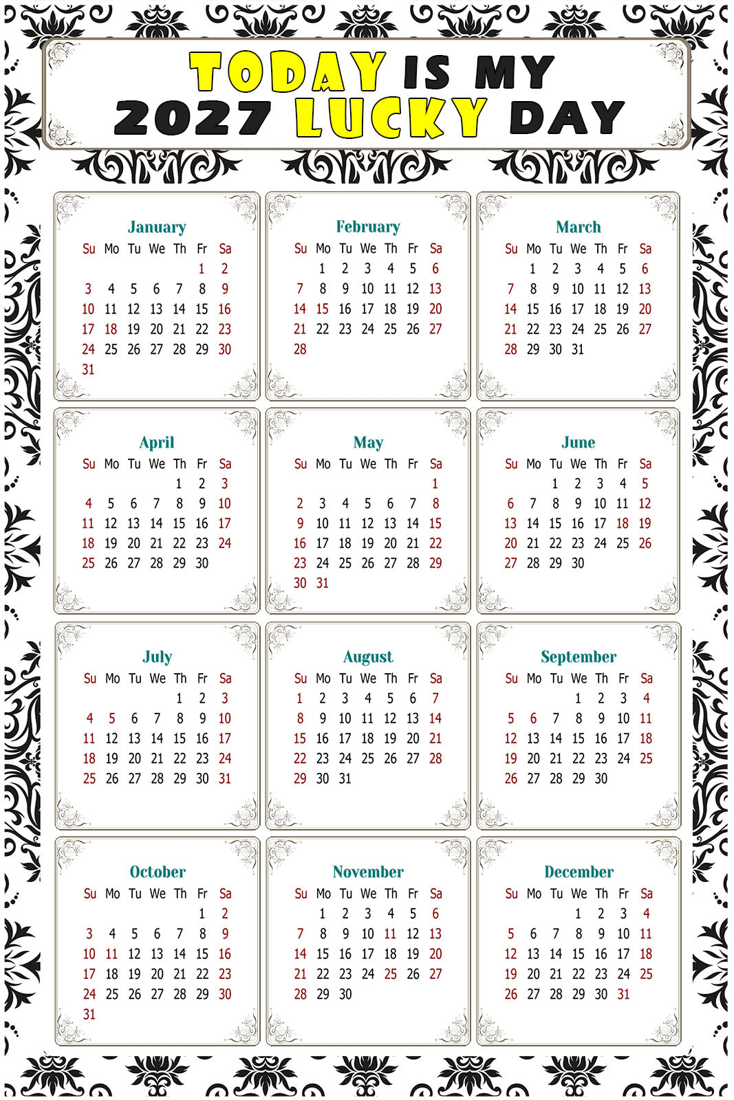 2027 Peel & Stick Calendar - Today is my Lucky Day Removable - 039