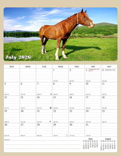 2027 Wall Calendar Spiral-bound Twin-Wire Binding - 12 Months Planner - Large Ruled Blocks with Julian Dates - (Horses)