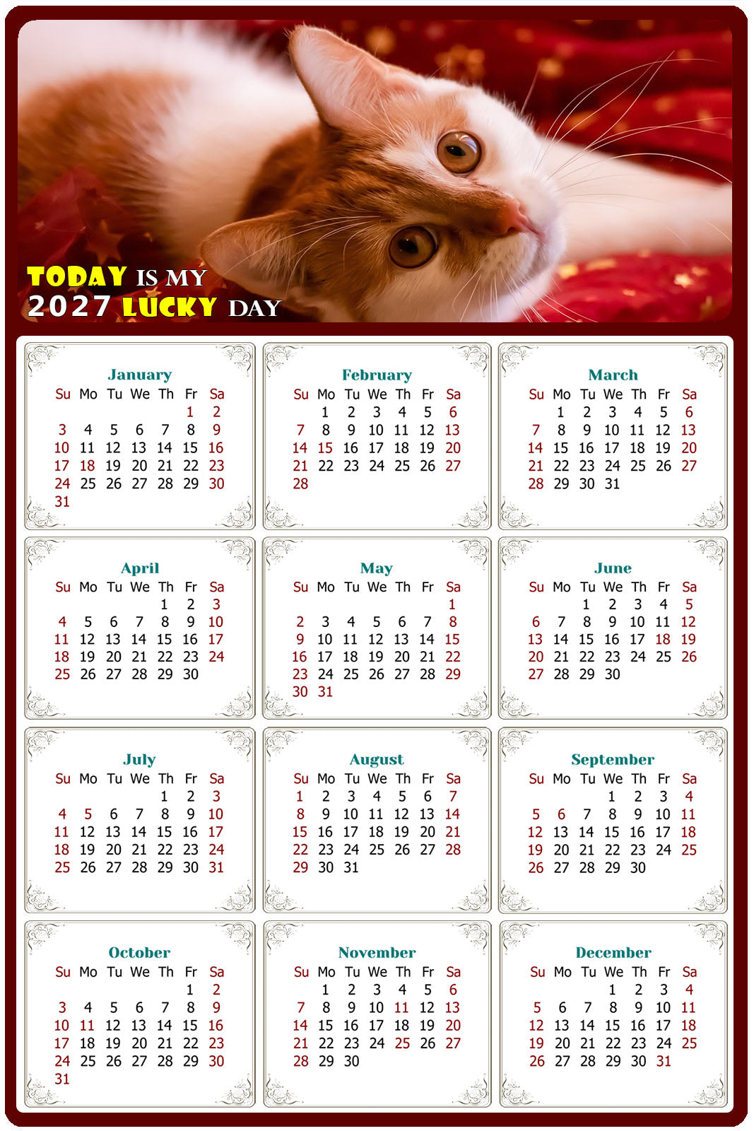 2027 Peel & Stick Calendar - Today is my Lucky Day Removable - Cat 07 (12"x 8")
