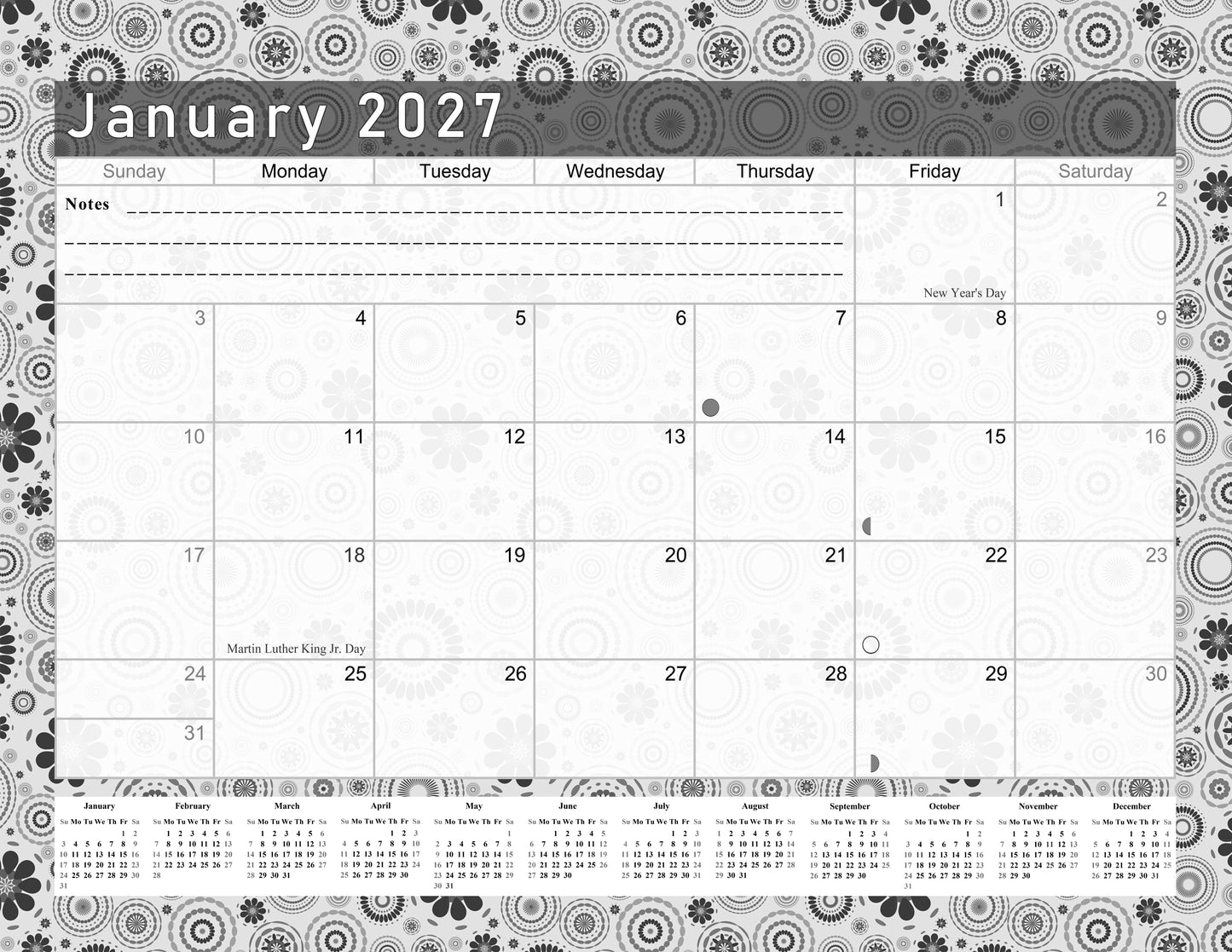 2026-2027 Monthly Spiral-Bound Wall/Desk Calendar - Desktop/Wall Blotter Calendar/Planner - (Edition B&W #020)
