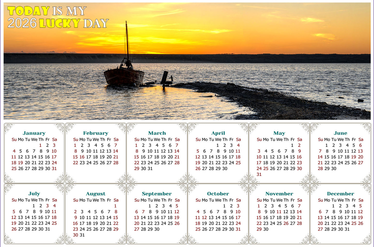 2026 Peel & Stick Calendar - Today is my Lucky Day - Removable - Salt lake near Odesa (9"x 6")