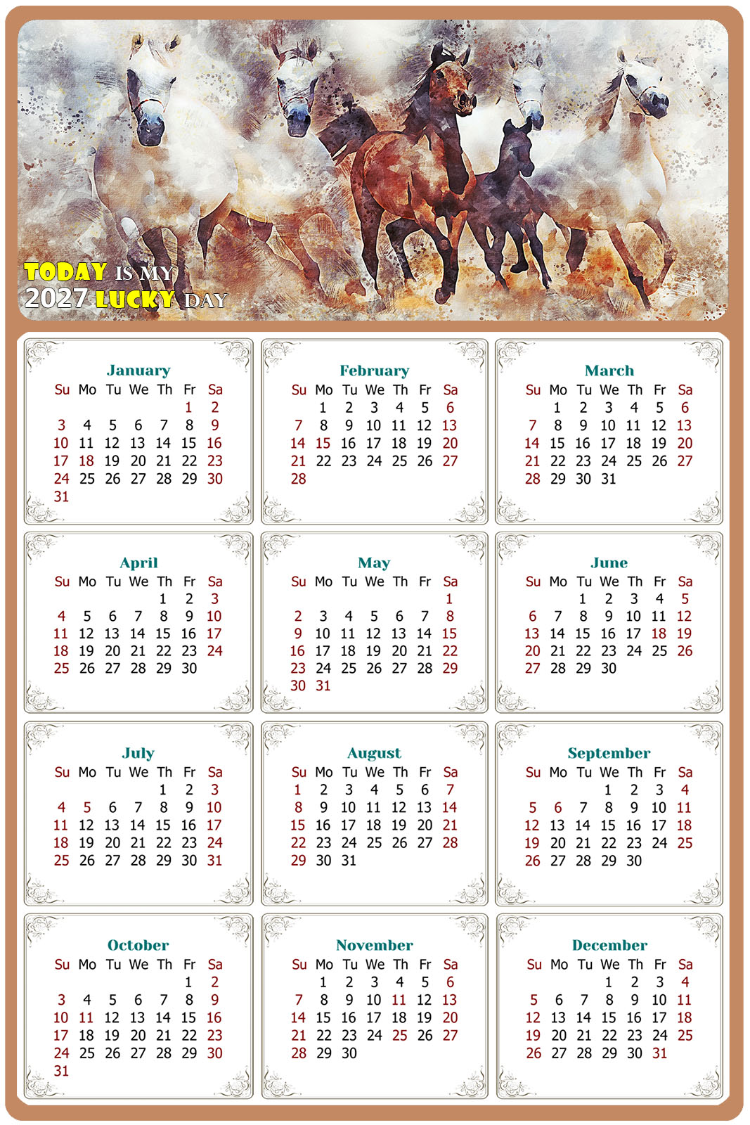 2027 Peel & Stick Calendar - Today is my Lucky Day Removable - Horses 09 (12"x 8")
