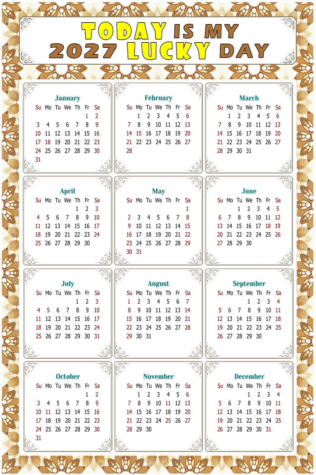 2027 Peel & Stick Calendar - Today is my Lucky Day Removable - 042