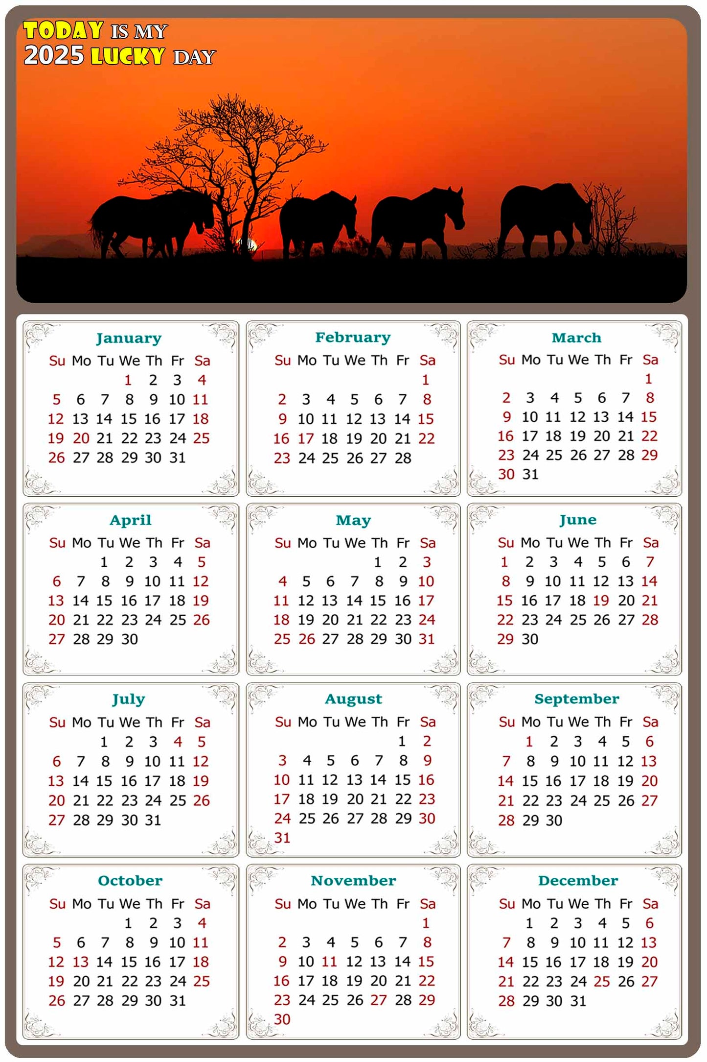 2025 Magnetic Calendar - Calendar Magnets - Today is my Lucky Day - (Fade, Tear, and Water Resistant) - Horses Themed 011