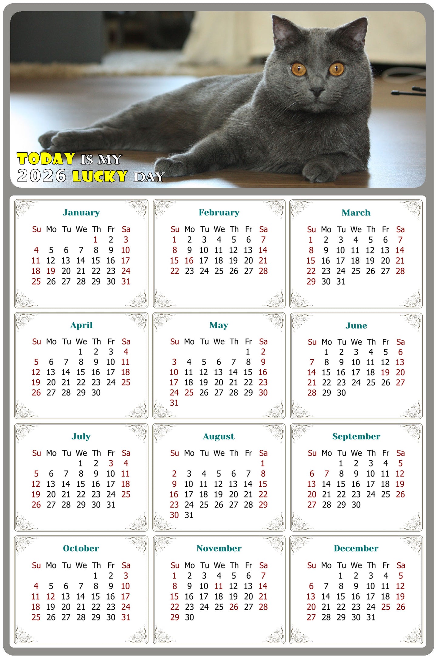 2026 Peel & Stick Calendar - Today is my Lucky Day Removable - Cat 014 (12"x 8")