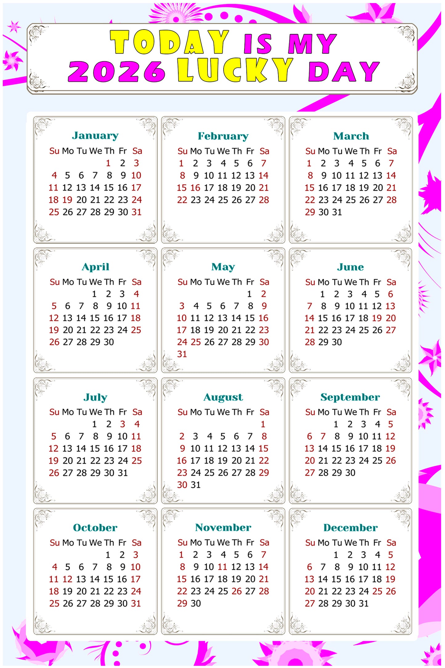 2026 Magnetic Calendar - Calendar Magnets - Today is my Lucky Day - (Fade, Tear, and Water Resistant) - Themed 04