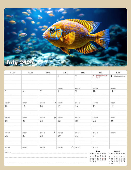 2026 - 2027 Calendar Magnetic Peel & Stick 18 Months 8.5" x 11" Tropical Fish