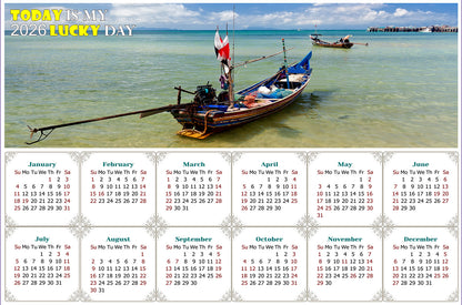 2026 Peel & Stick Calendar - Today is my Lucky Day - Removable - Thai Boat on a Beach (9"x 6")